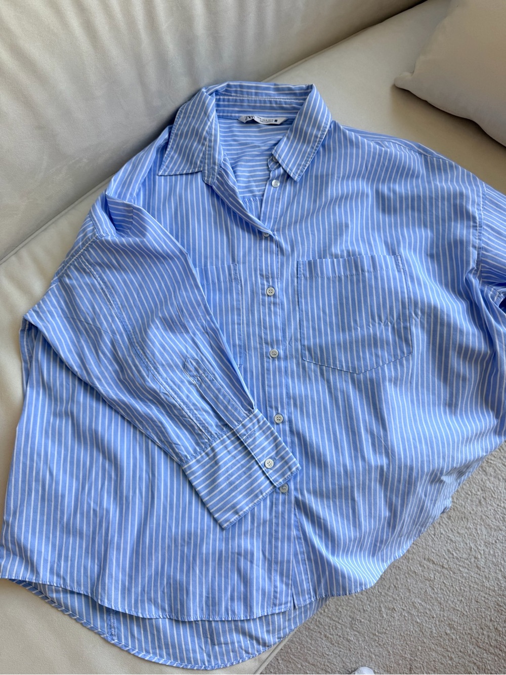 Zara Light Blue and White Striped Men's Button-Down Shirt